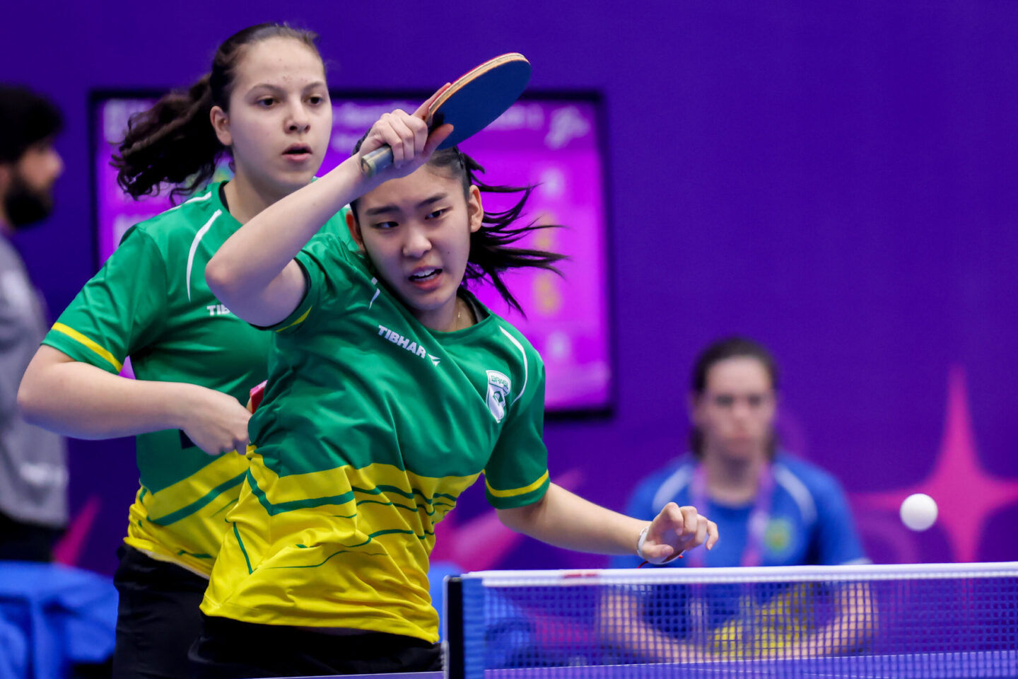 2025.08.17 - Jogos Pan-Americanos Júnior Assunção 2025 - Tenis de Mesa dupla feminina - A equipe do Time Brasil Beatriz Mendonça e Karina Senaga compete. Foto: Miriam Jeske/COB.