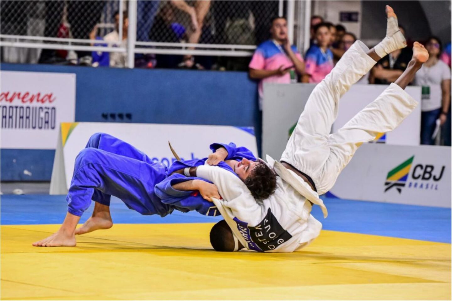 Judocas em luta de solo, com atleta de branco sendo jogando de costas por atleta de azul